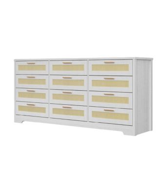 Modern Rattan Wood Dresser with 12 Drawers for Bedroom Storage
