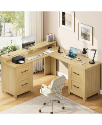 63" L-Shaped Executive Desk with 4 File Drawers and Power Outlet – Large Corner Computer Desk with Monitor Stand, Home Office Desk, Wood Tone