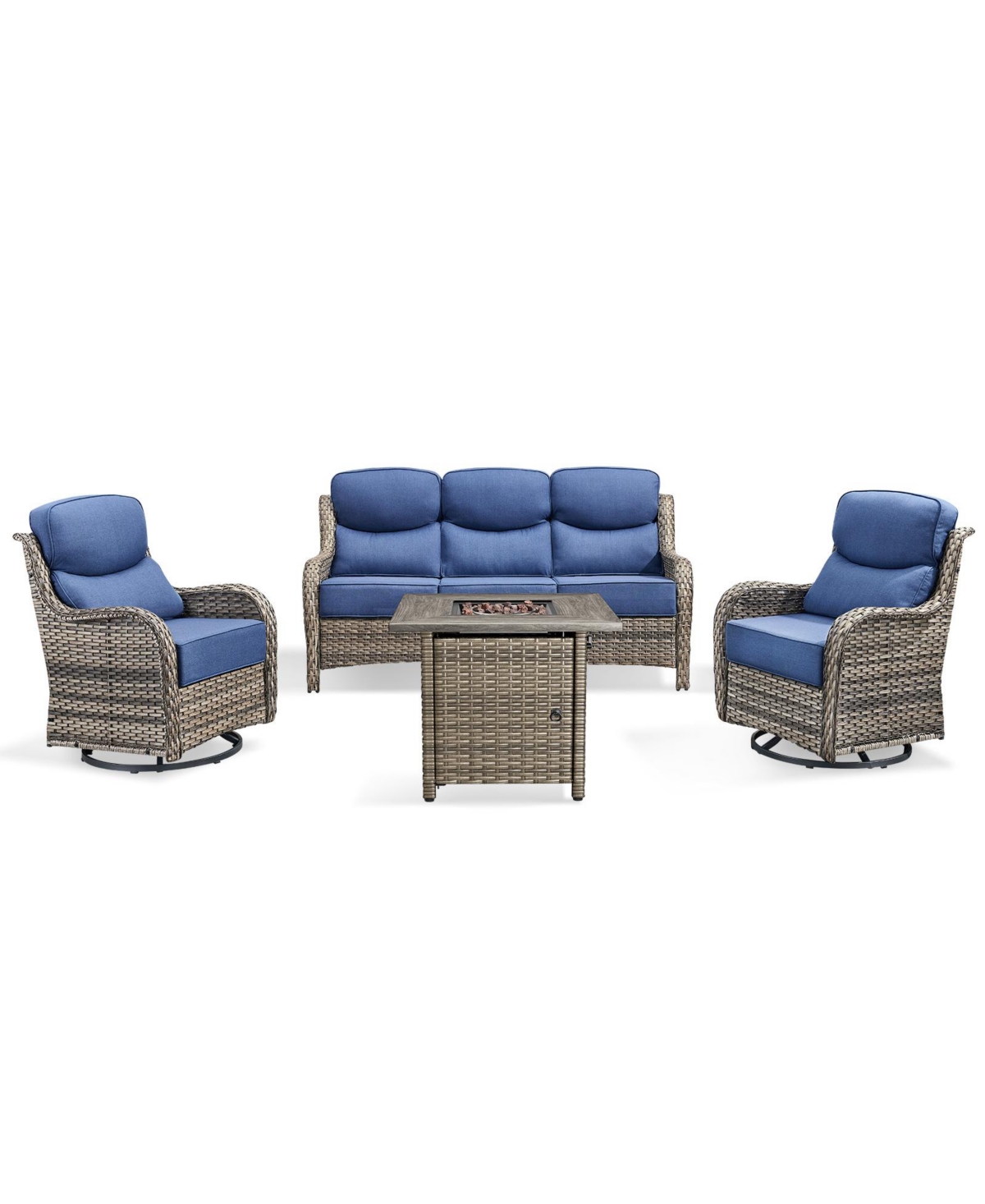 Pocassy 4 Piece Outdoor Patio Furniture Sets with Fire Pit Table,Wicker Sectional Sofa Swivel Chairs,6 Inch Thick Cushion