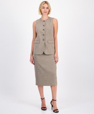 Women's Five-Button Crewneck Vest & Houndstooth Pencil Skirt