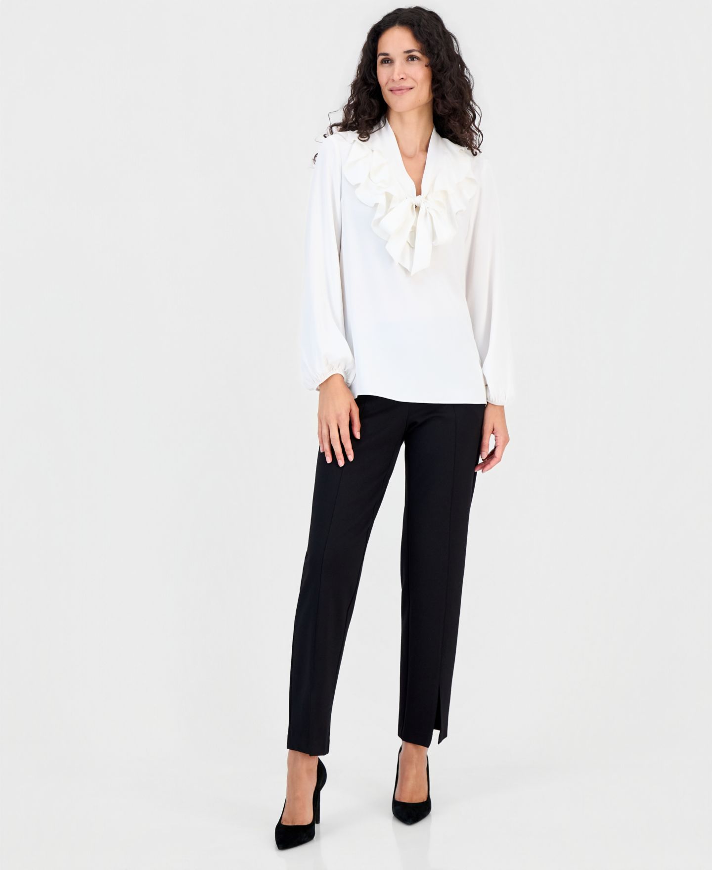Женская блузка Kasper Ruffle-Neck Tie-Front Long-Sleeve Blouse, цвет: Чёрный — фото 4