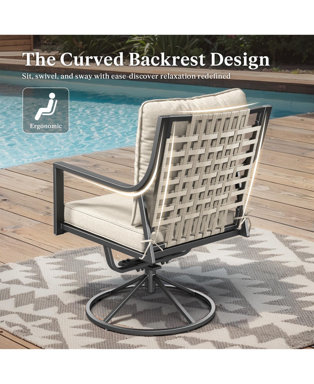 Pocassy Patio Swivel Chairs Set of 2, Outdoor Dining Chairs High Back with Olefin Cushion, Metal Rocking Frame for Backyard Lawn Garden