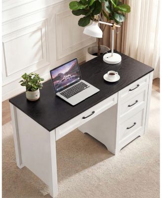 Farmhouse Executive Desk with File Cabinet and Storage Drawers - Space-Saving Small Home Office Desk for Bedroom or Study