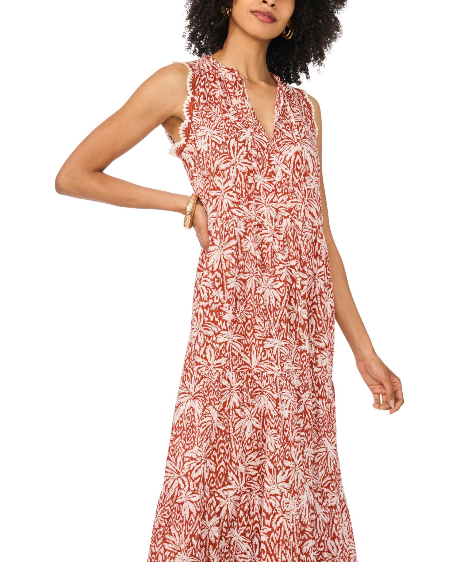 Women's Printed Sleeveless-Crocheted-Trim Maxi Dress