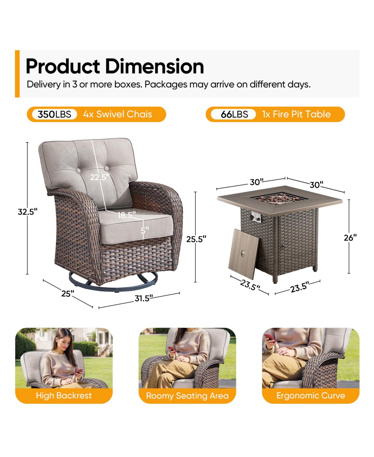 Pocassy 5 Piece Patio Furniture Set,Wicker Swivel Rocker Chairs Set of 4 with 30'' Fire Pit Table Outdoor
