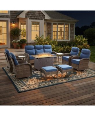 10 Pieces Patio Furniture Set, Outdoor Wicker Sofa Couch with Rocking Swivel Chairs Fire Pit Table, Modern Deep Seat Rattan Conversation Sets