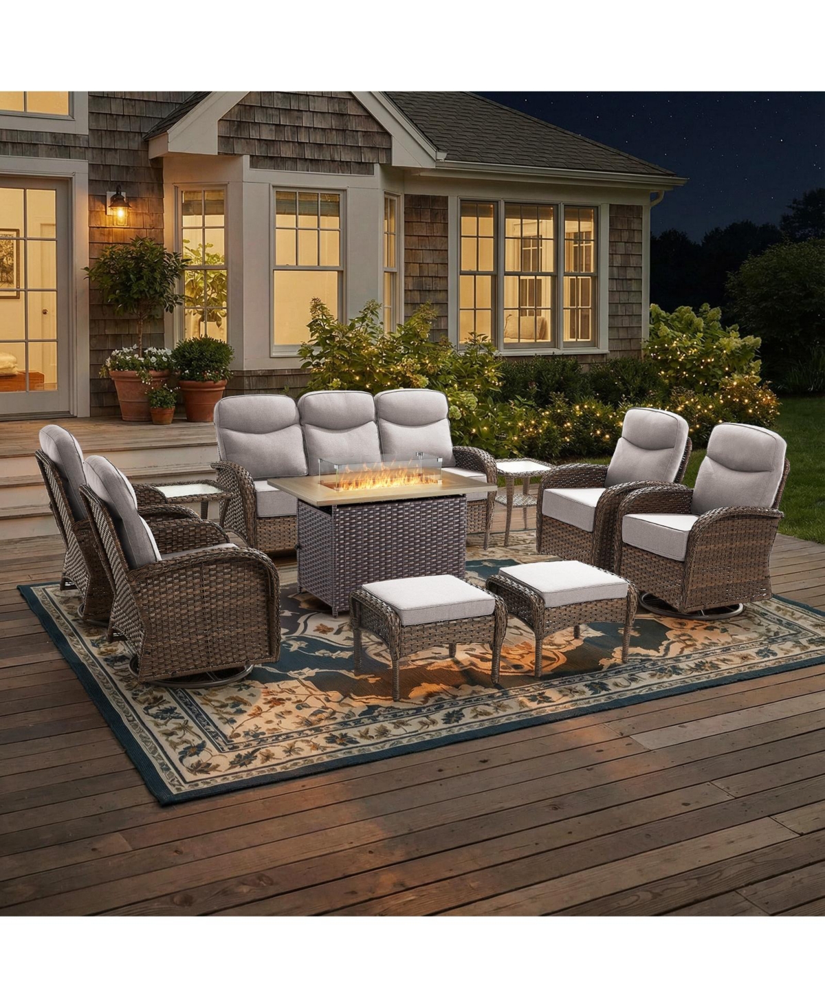 Pocassy 10 Pieces Patio Furniture Set, Outdoor Wicker Sofa Couch with Rocking Swivel Chairs Fire Pit Table, Modern Deep Seat Rattan Conversation Sets