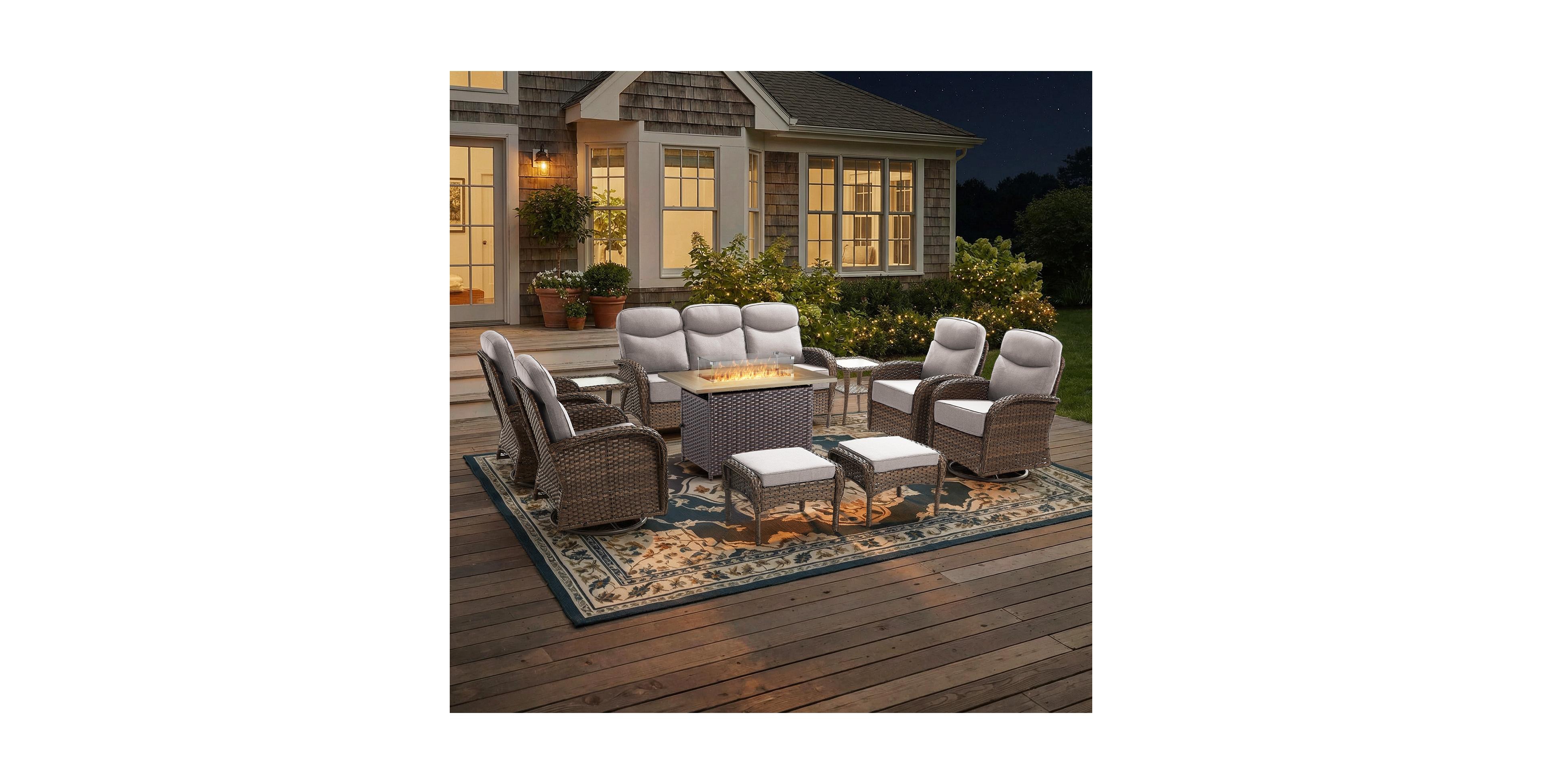 Pocassy 10 Pieces Patio Furniture Set, Outdoor Wicker Sofa Couch with Rocking Swivel Chairs Fire Pit Table, Modern Deep Seat Rattan Conversation Sets