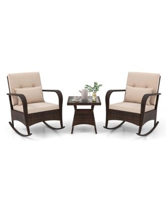 3Pieces Outdoor Rocking Set Rattan Rocker Chairs with Tempered Glass Coffee Table Wicker Rocker Set