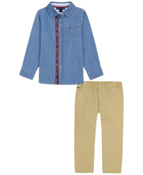 Детский комплект Tommy Hilfiger для мальчиков 2T-5T: рубашка с длинным рукавом и брюки, цвет: Джинсовый / Хаки