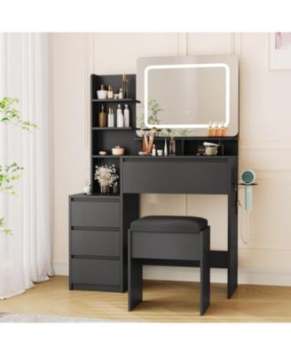 4-Drawer Vanity Desk Set, Lighted Makeup Table with Power Outlet, USB Ports and Comfortable Stool