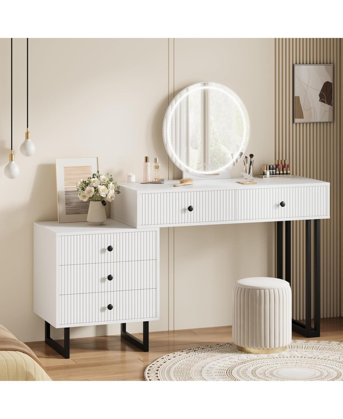 gaomon 5-Drawer Lighted Mirror Vanity, Roomy Makeup Desk for Bedroom Storage
