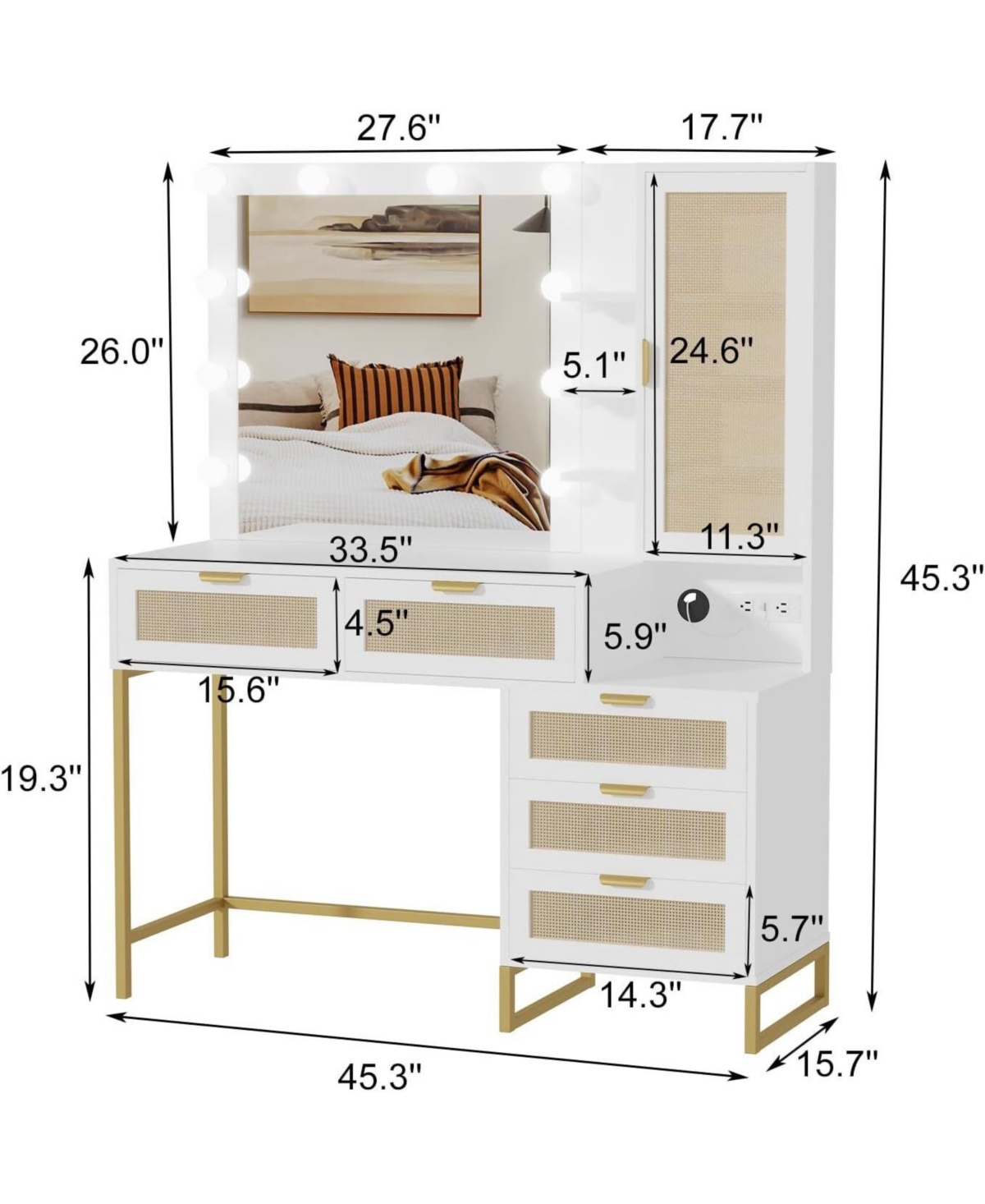 gaomon 5-Drawer 7-Shelf Vanity Desk, Lighted Mirror Makeup Table for Ultimate Storage