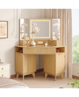 48" Almond Fluted Corner Vanity, Lighted Makeup Desk with Triple Mirror System