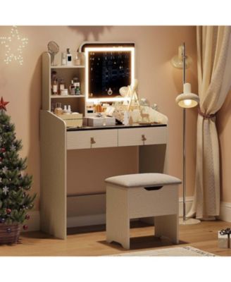 2-Drawer LED Vanity Table, Lighted Makeup Desk with Charging Station and Tabletop