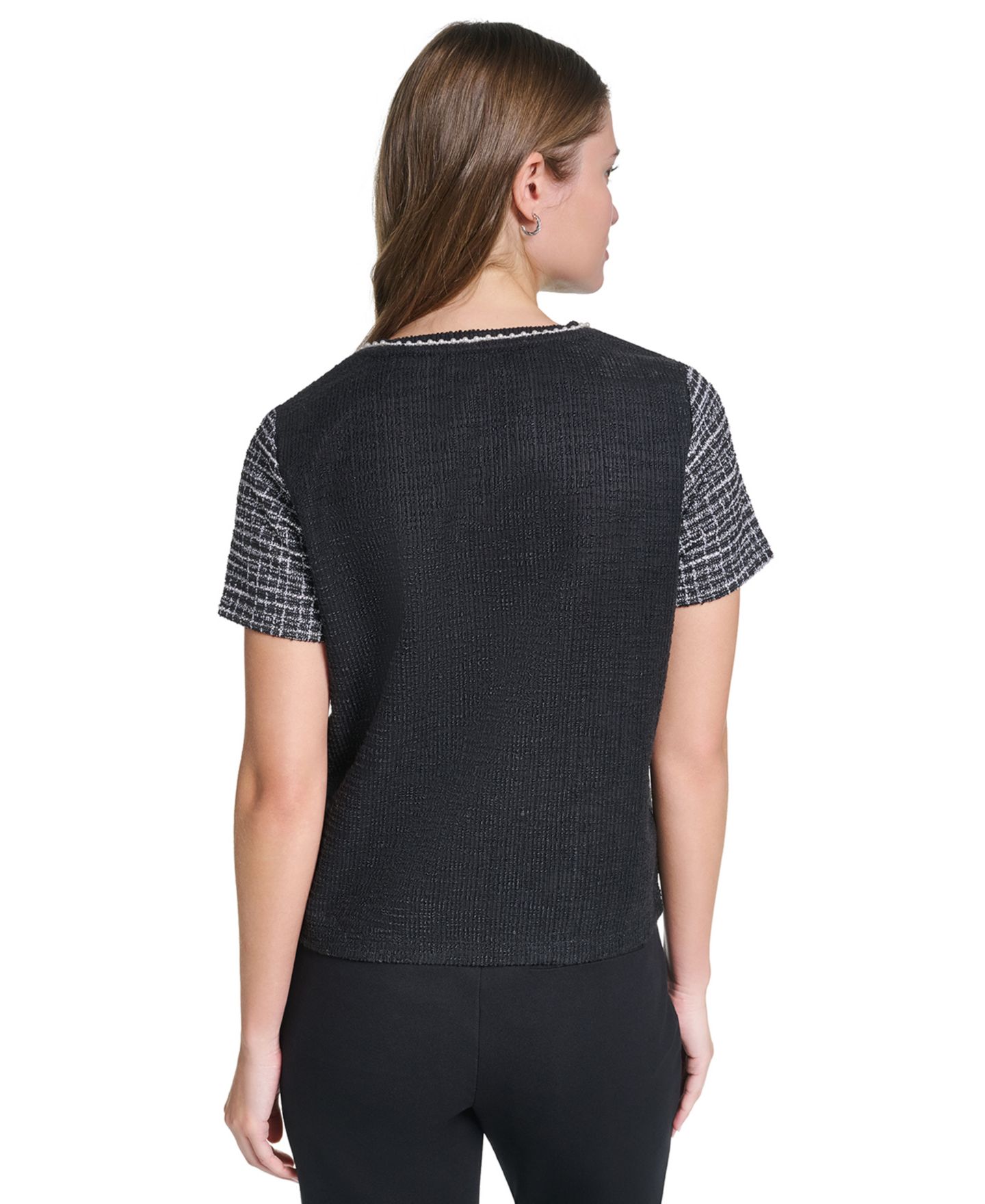 Женская блузка KARL LAGERFELD PARIS Petite Short-Sleeve Trim Crewneck Blouse, цвет: Чёрный — фото 5
