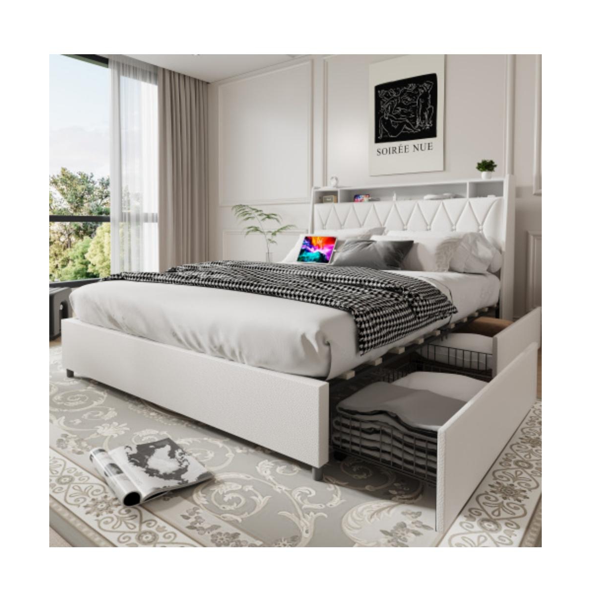 Lucky One Full Size Platform Bed Frame with Ergonomic Headboard, Outlets, Usb Charger, Storage Shelf, Noise-Free, No Box Spring Needed - White