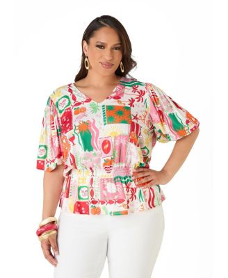 Plus Size Island Print Bubble Women's Sleeve Top