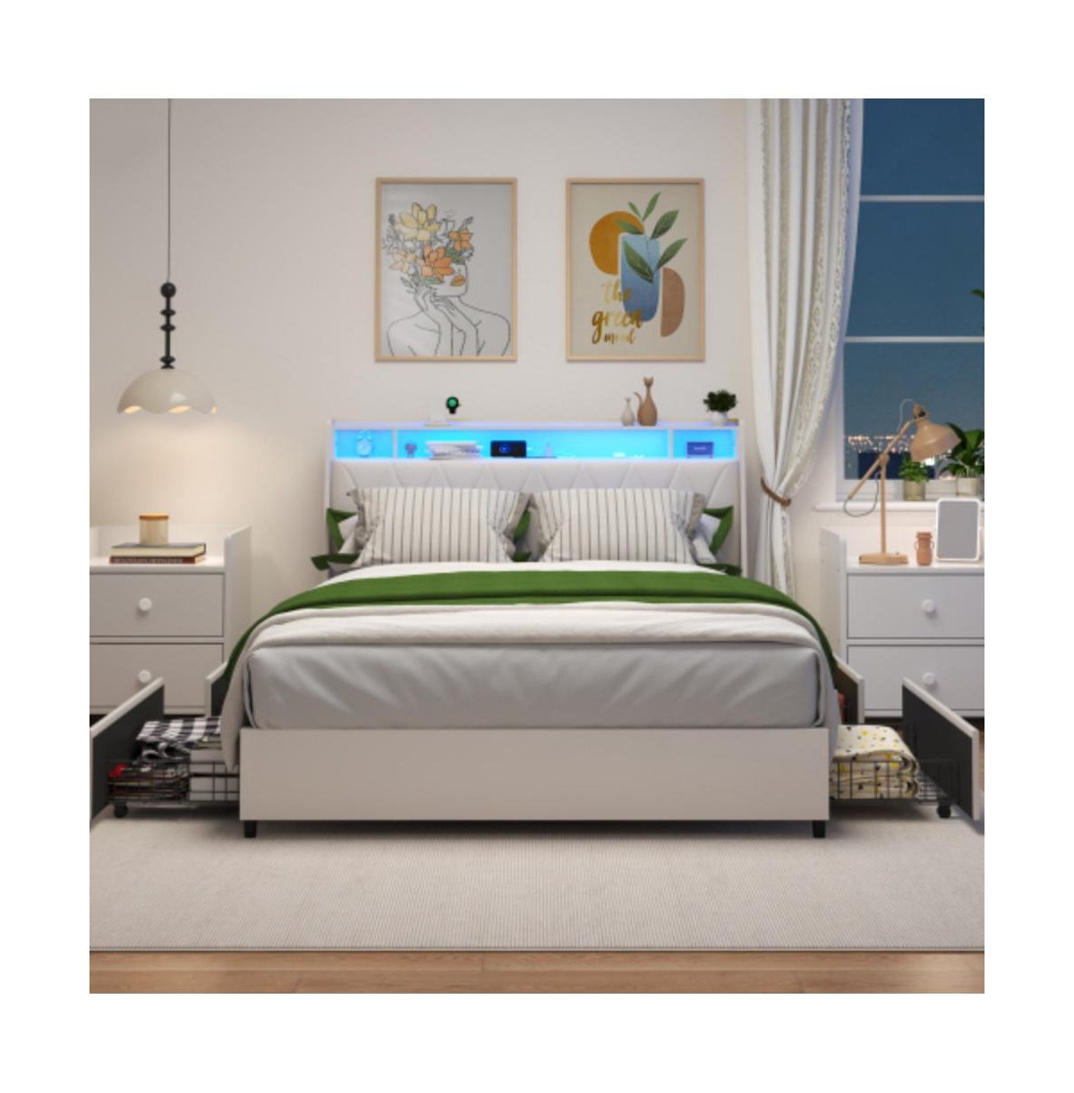 Lucky One Queen Size Platform Bed Frame with Ergonomic Headboard, Outlets, Usb Charger, Led Light, Storage Shelf, Noise-Free, No Box Spring Needed - W