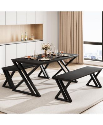 Kitchen Table with Benches, Dining Table Benches Set for 4-6, Rectangular Kitchen Table Set with Sturdy Metal Frame, for Kitchen, Dining Room