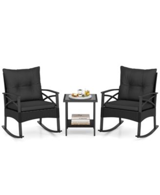 3-Piece PE Rattan Outdoor Rocking Chair Set with 2-Tier Side Table
