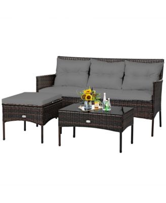 3PCS Patio Rattan Furniture Set 3-Seat Sofa Cushioned Table Garden