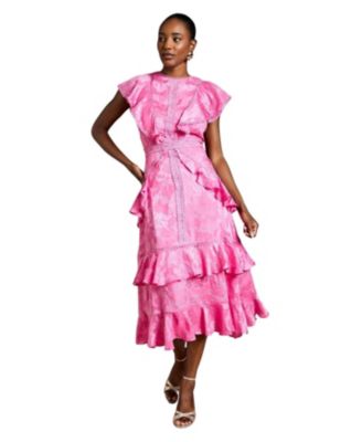 Women's Satin Ruffle Jacquard Midi Dress