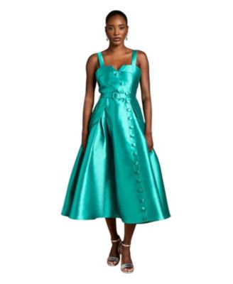 Women's Button-Trim Belted Full Skirt Midi Dress