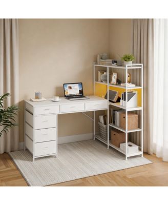 Reversible L-Shaped Desk with Built-in Charging Station, RGB LED Gaming Workstation with Fabric Drawers and CPU Holder, Home Office Desk