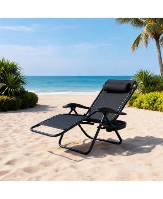 2 Piece 42-Inch  Lounge Chairs with Cup Holder. Metal Frame Outdoor Recliner Set for Patio Garden. Textilene Fabric