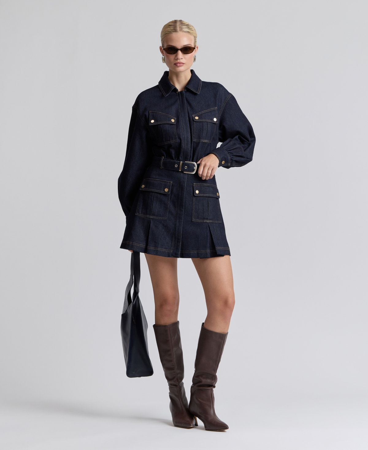 Avec Les Filles Women's Stretch Denim Belted Cargo Mini Dress