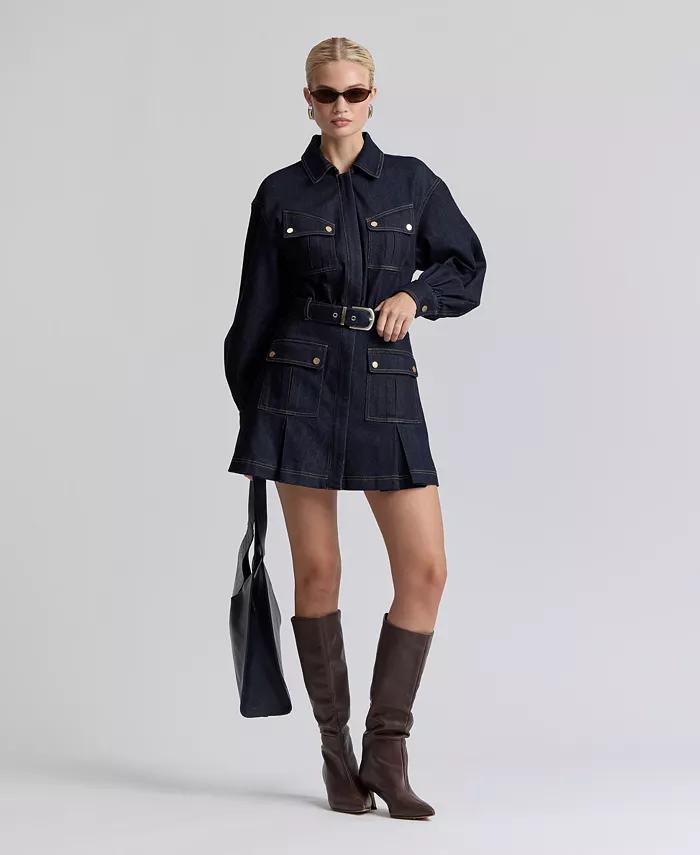 Women's Stretch Denim Belted Cargo Mini Dress - thumbnail 6