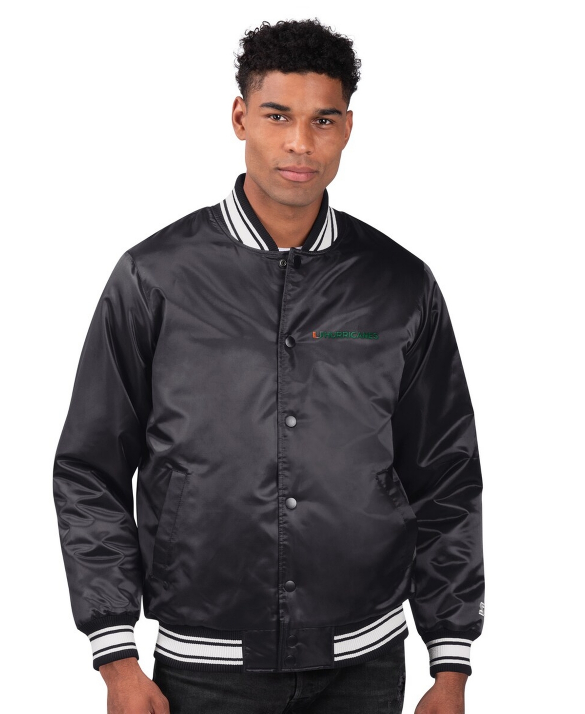 Starter Men's Black Miami Hurricanes Two-Hit Satin Varsity Full-Snap Jacket