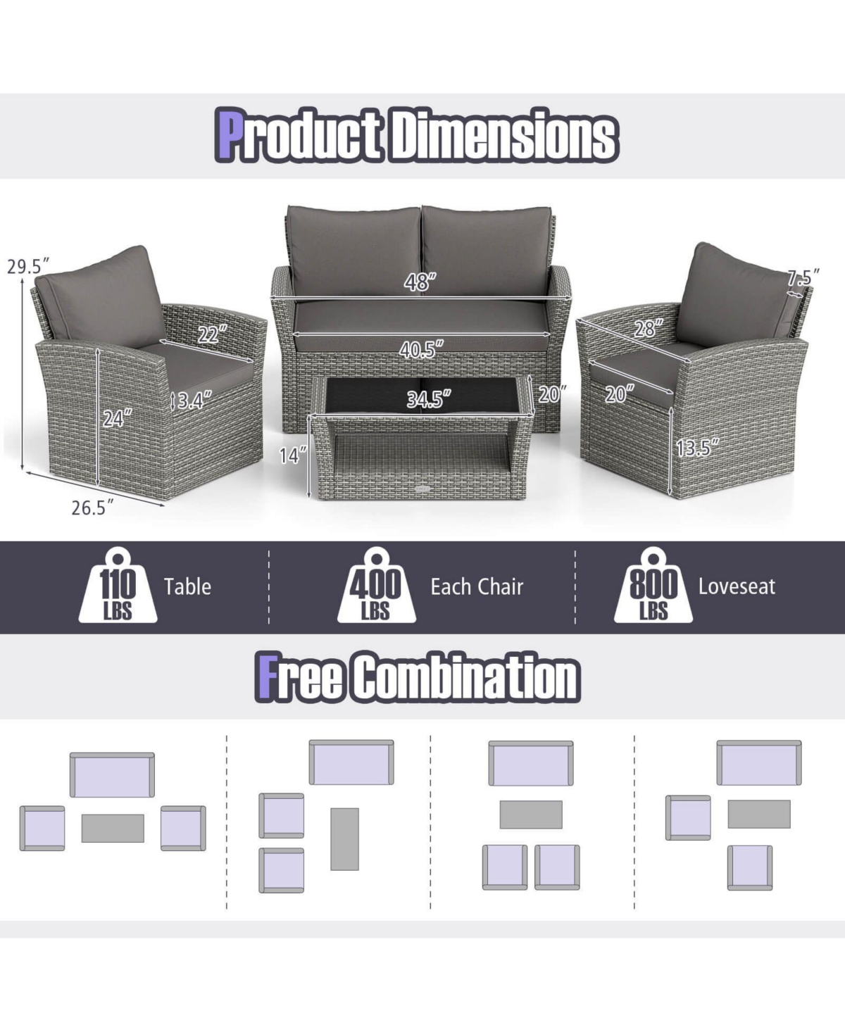 Costway Patio Furniture Set with 2 Rattan Chairs Loveseat Coffee Table Cushions
