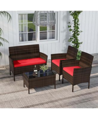 4 Piece Patio Furniture Set with Washable Cushions and Tempered Glass Coffee Table