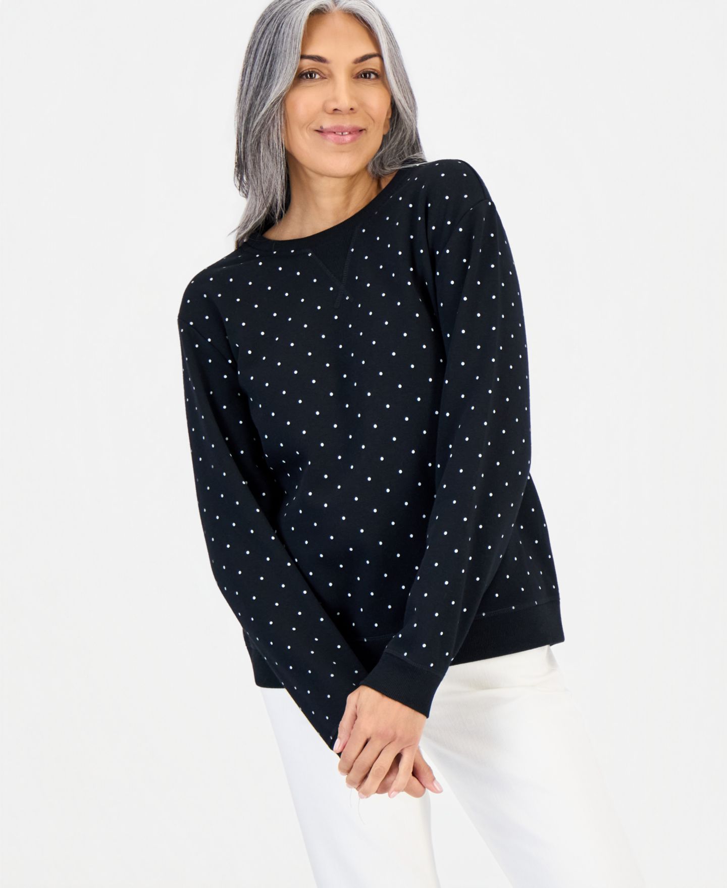 Женская толстовка Style & Co Printed Long-Sleeve Crewneck, цвет: Глубокий чёрный — фото 1