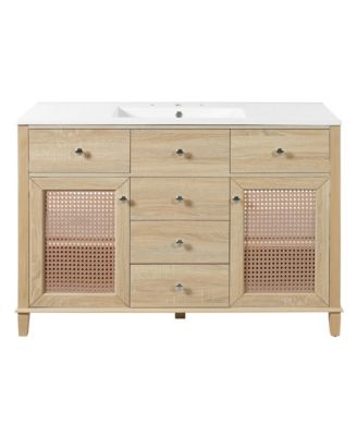 48 Inch Natural Rattan Bathroom Vanity Solid Wood Frame Bathroom Storage Cabinet with 5 Drawers 2 Rattan Cabinet Doors and Premium Ceramic Sink