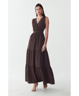 brown long dress for women Blczomt Plain Women Dress Long Sleeve Wrap Flowy Brown A Line V Neck Maxi Elegant Dress, Women's, Size: 4,6,8,10,12,14,16,18,20