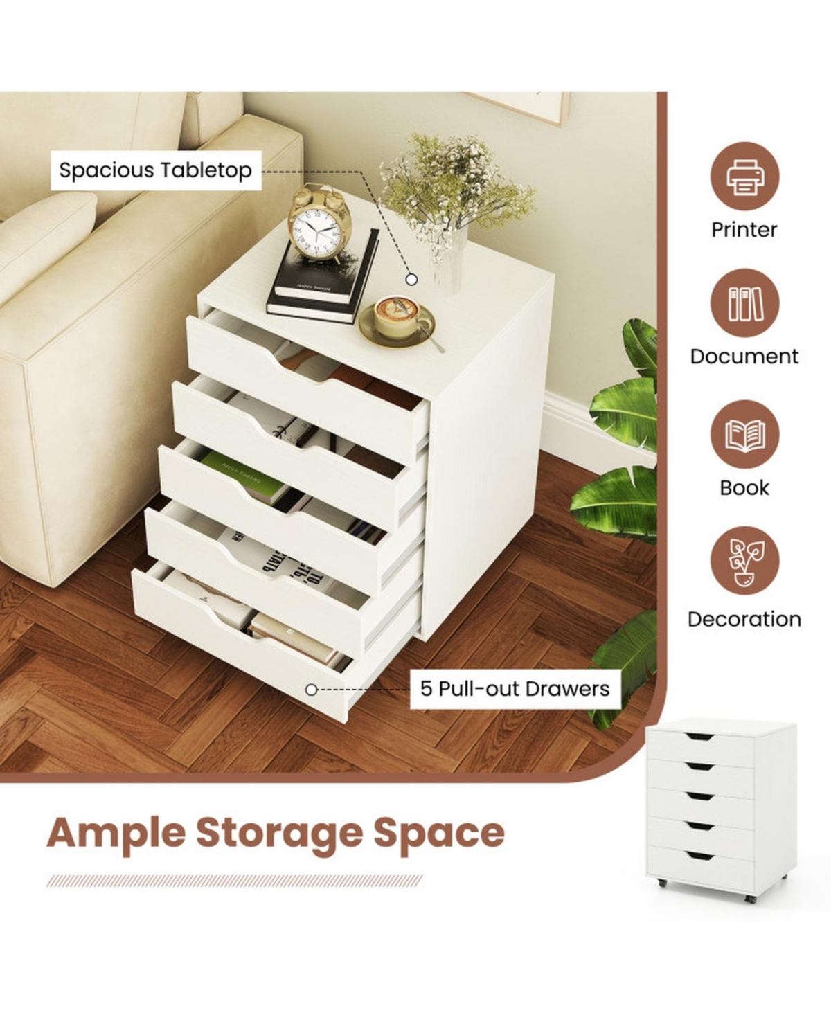 Gouun 5-Drawer Rolling File Cabinet with Lockable Wheels and Storage Top