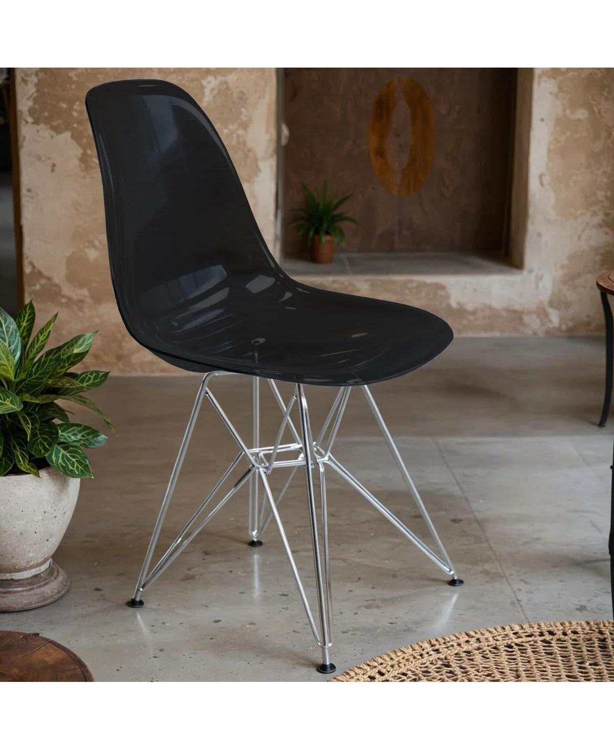 LeisureMod Cresco Acrylic Dining Chair Set of Chrome Eiffel Base and Curved Back Design