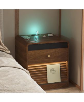 Modern Nightstand with Storage Cabinet, Bedside Tables with Led Light and Charging Station