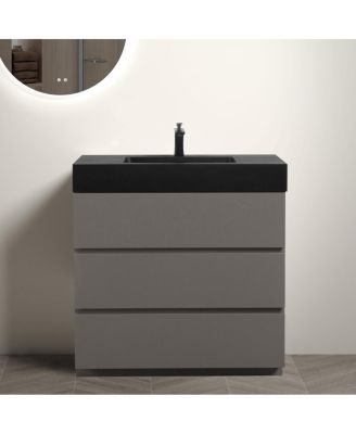 Contemporary Bathroom Vanity with Black Sink, Large Soft Close Drawers, Handle-Free Freestanding Storage, Pre-assembled