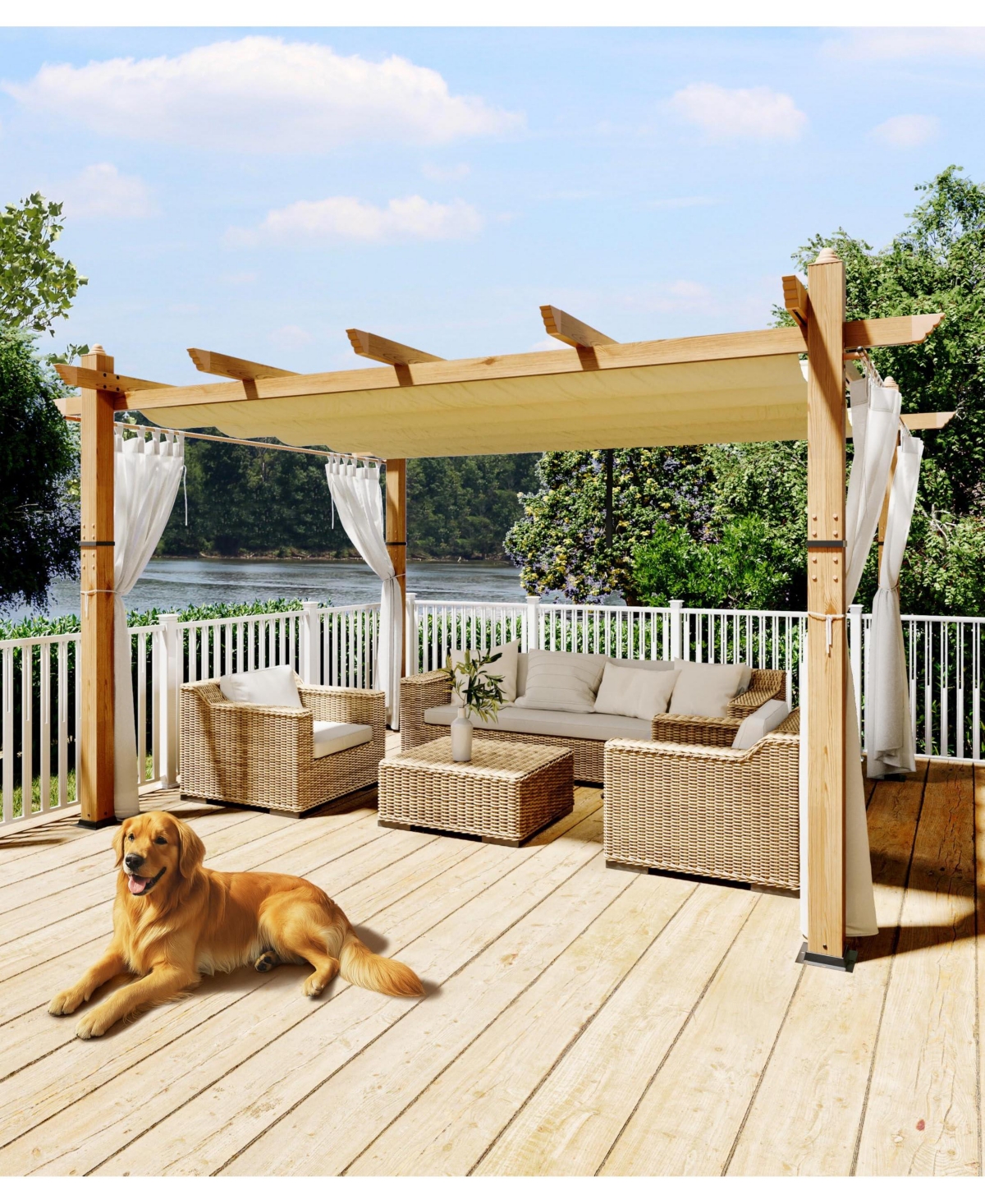 homfan 10' x 10' Outdoor Pergola Retractable Waterproof Canopy and Mesh Screens, Powder-Coated Aluminum Frame