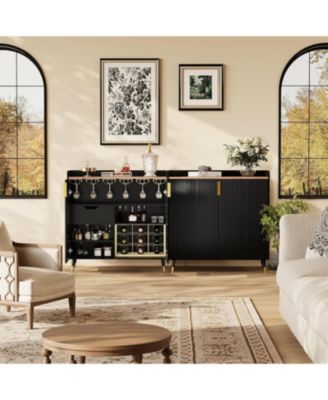 Modern Fluted Wine Bar Cabinet with Glass Holder and 9-Bottle Rack, Drawer for Kitchen Dining Room Living Room