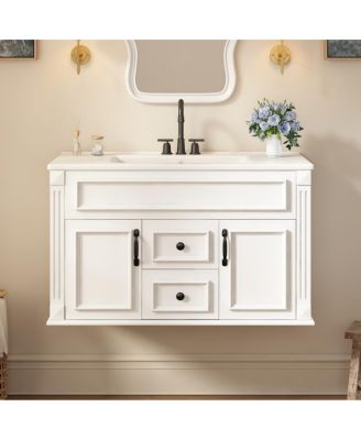 36 Inch Floating Bathroom Vanity with Ceramic Sink, Wall Mounted Modern Cabinet, Soft Close Drawers, French Vintage Style