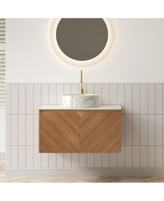 Floating Bathroom Vanity with Ceramic Vessel Sink, Carrara Sintered Stone Top, Solid Wood Door, Twill Metal Trim