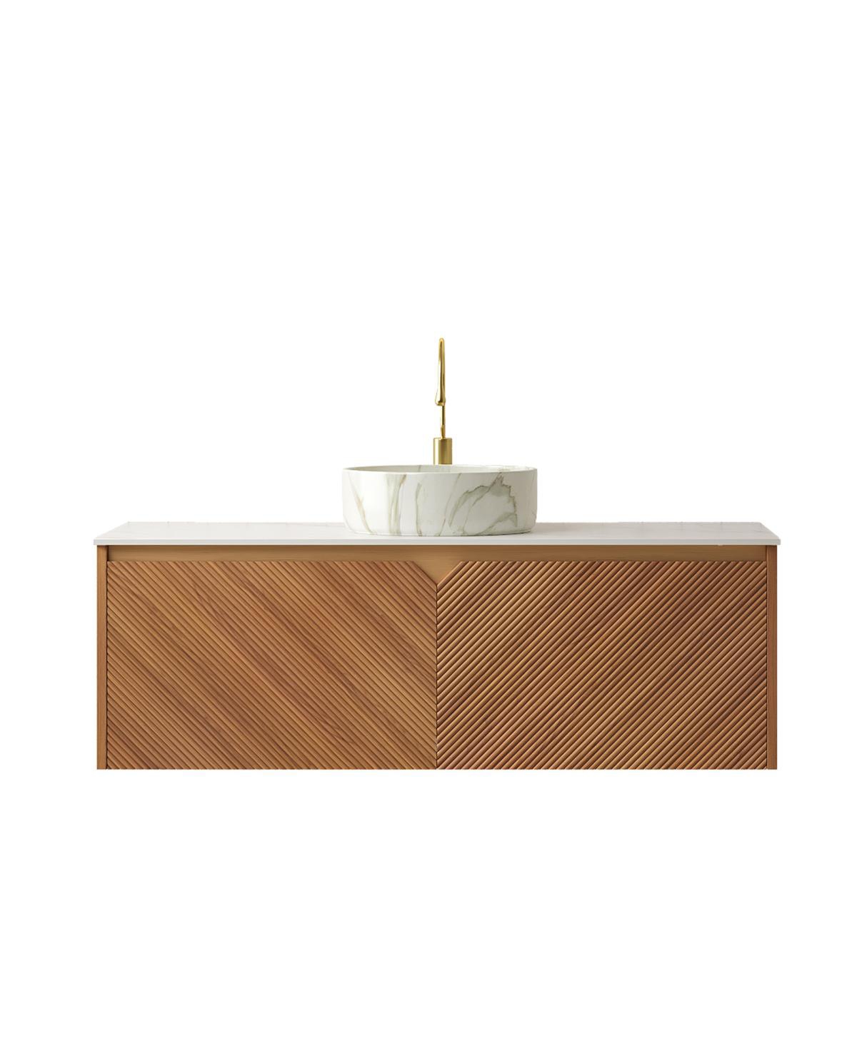 Sillysis Floating Bathroom Vanity with Ceramic Vessel Sink, Carrara Sintered Stone Top, Solid Wood Door
