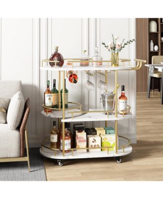 Modern Bar Cart with Wine Rack, Glass Holder and 4-Tier Storage Shelves, Mobile Serving Cart on Wheels for Kitchen or Dining Room