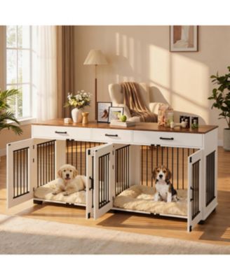 71-Inch Dog Crate TV Stand with 3 Drawers, Large Media Console Kennel with Divider for 2 Dogs, Indoor Wooden TV Stand