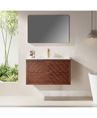 Floating Bathroom Vanity with Ceramic Sink, Wall Mounted Modern Cabinet, Deep Drawers for Storage, Fully Assembled
